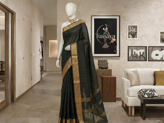 Elegant Black Tussar Silk Saree with Gold Zari Weaving