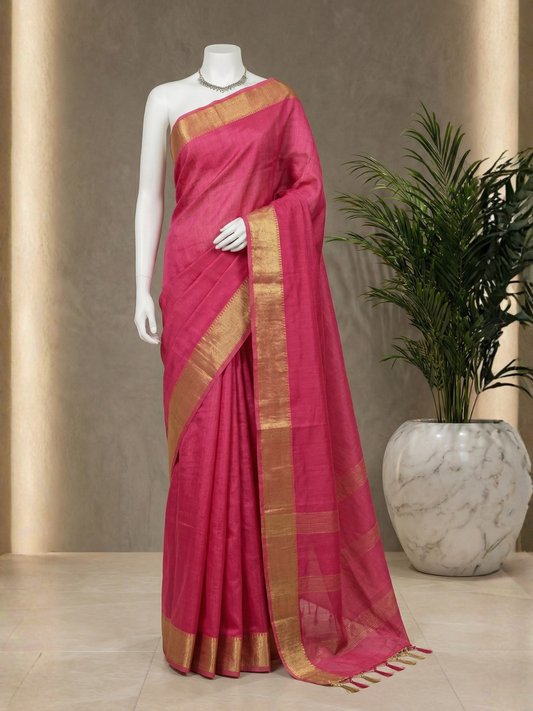 Pink Tussar Silk Saree with Gold Zari Border