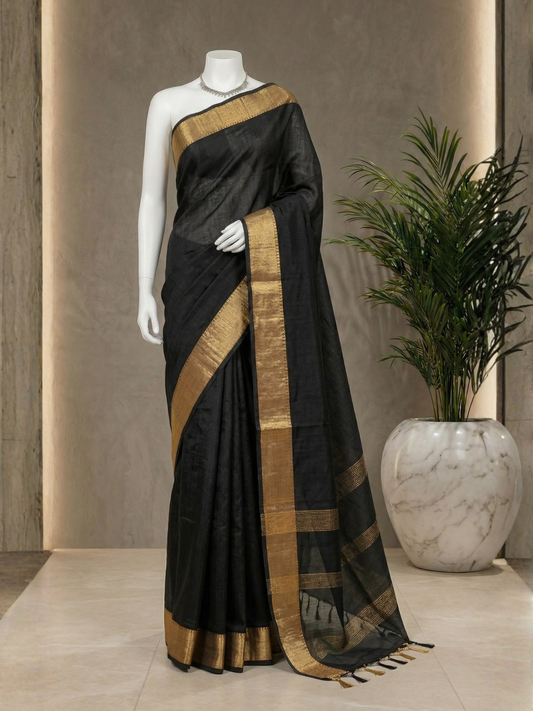 Elegant Black Tussar Silk Saree with Gold Zari Weaving