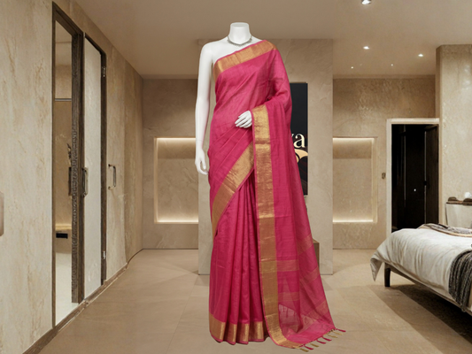 Pink Tussar Silk Saree with Gold Zari Border